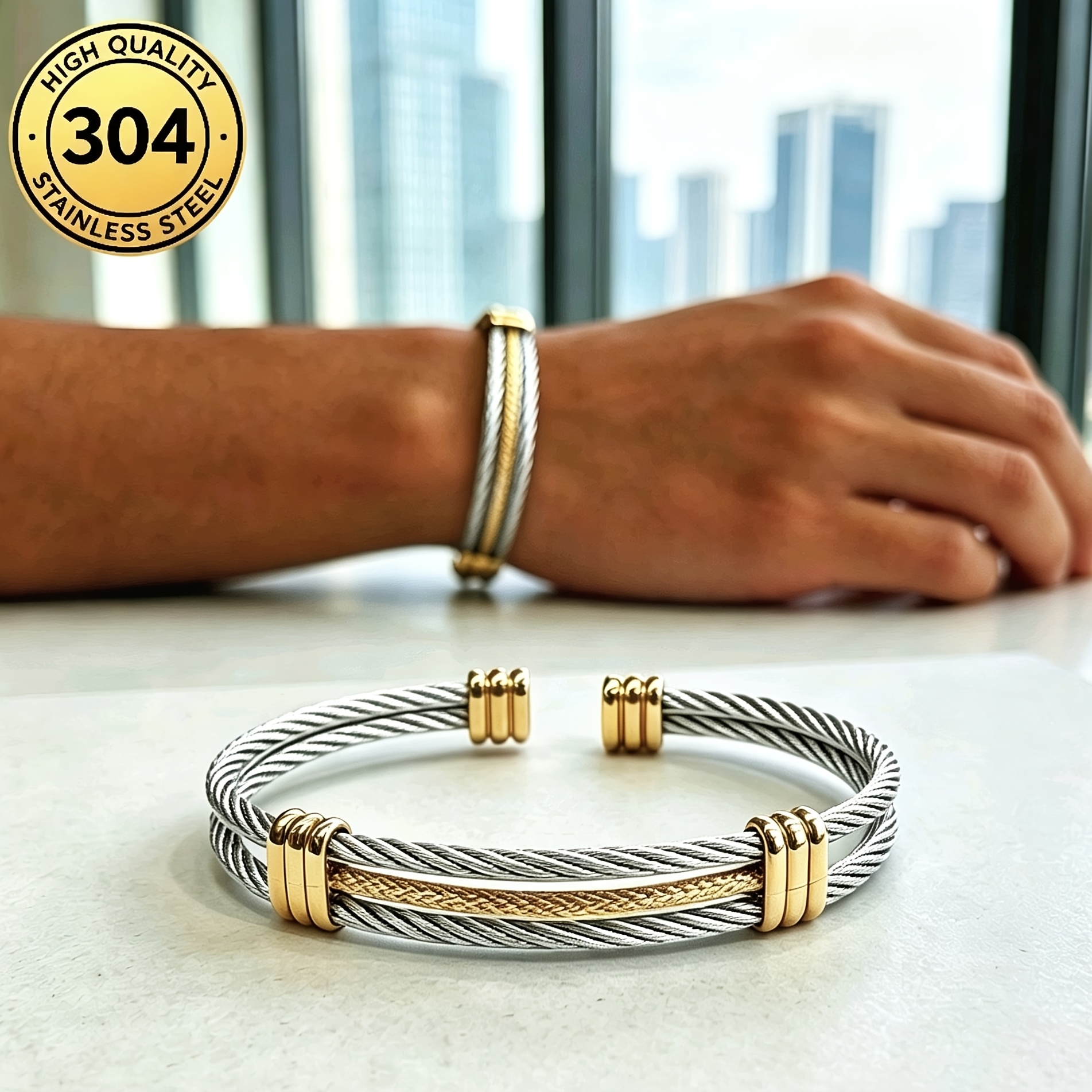 Minimalist Two-Tone Double Strand Cable Bracelet, Adjustable Gift
